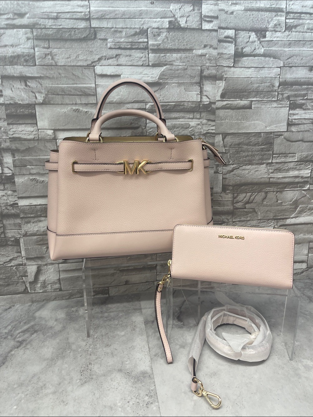 Michael Kors Reed Large CZ Belted Satchel & Matching Wallet Powder Blush Pink